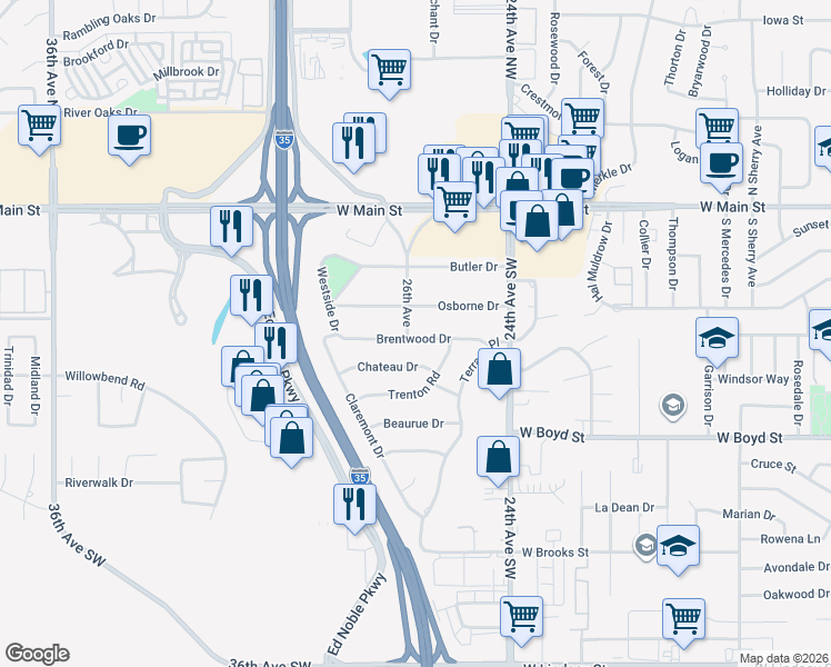 map of restaurants, bars, coffee shops, grocery stores, and more near 2618 Brentwood Drive in Norman
