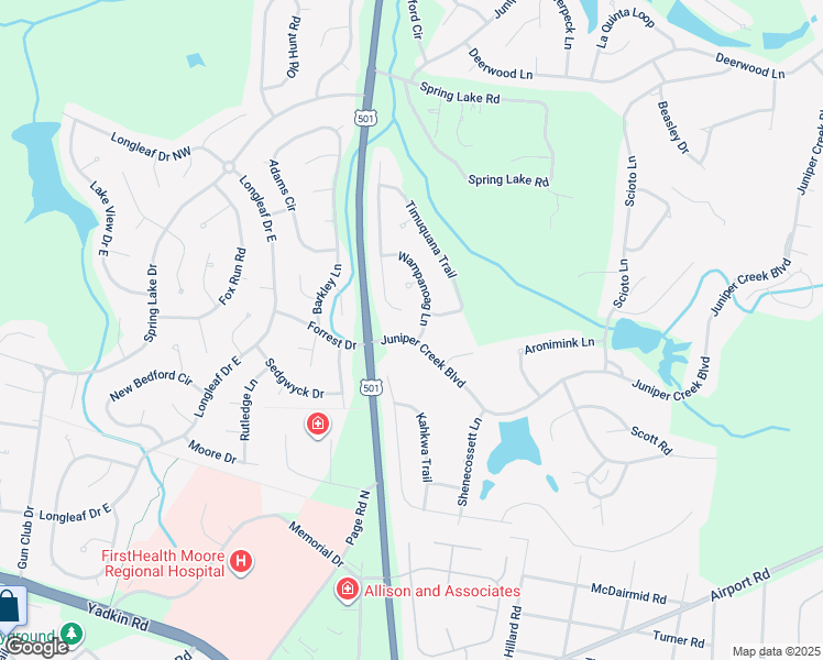 map of restaurants, bars, coffee shops, grocery stores, and more near 3 Juniper Creek Boulevard in Pinehurst