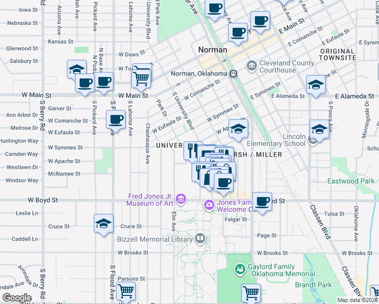 map of restaurants, bars, coffee shops, grocery stores, and more near 524-528 South University Boulevard in Norman