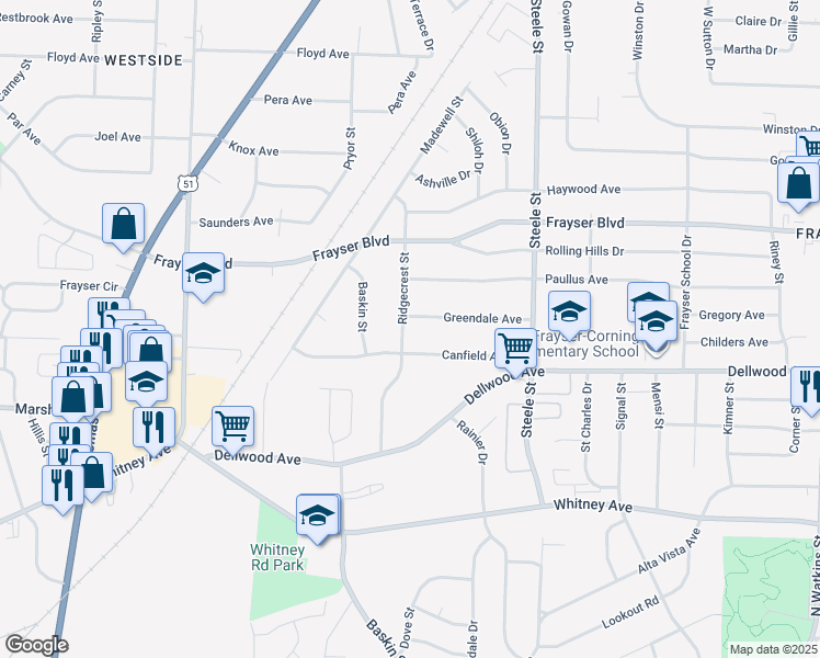 map of restaurants, bars, coffee shops, grocery stores, and more near 1336 Canfield Avenue in Memphis