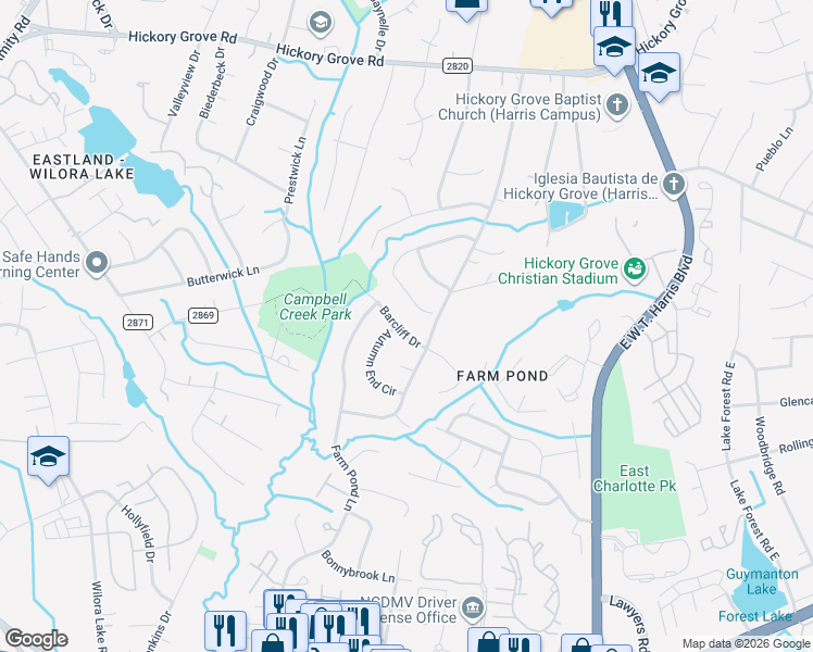map of restaurants, bars, coffee shops, grocery stores, and more near 6800 Barcliff Drive in Charlotte