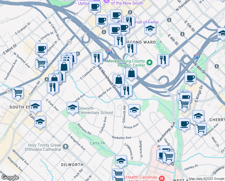 map of restaurants, bars, coffee shops, grocery stores, and more near 800 East Morehead Street in Charlotte