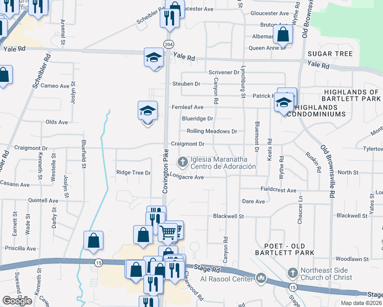 map of restaurants, bars, coffee shops, grocery stores, and more near 5137 Rolling Fields Drive in Memphis