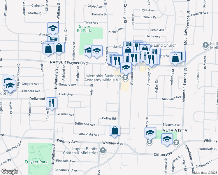 map of restaurants, bars, coffee shops, grocery stores, and more near 3239 Overton Crossing Street in Memphis