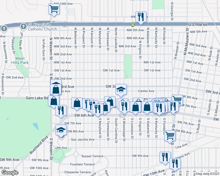 map of restaurants, bars, coffee shops, grocery stores, and more near 307 South Tennessee Street in Amarillo