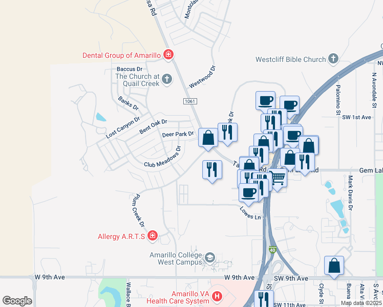 map of restaurants, bars, coffee shops, grocery stores, and more near 6600 Plum Creek Drive in Amarillo