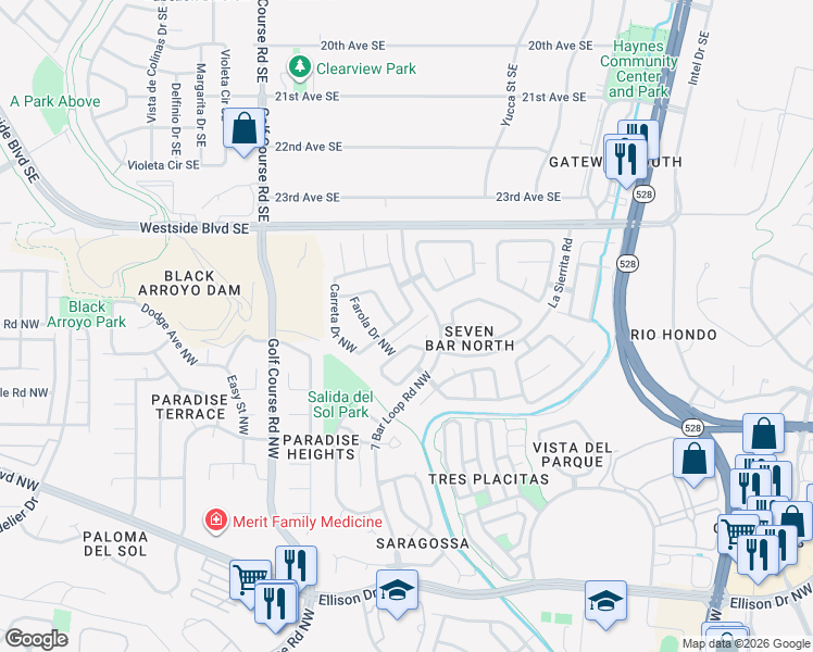 map of restaurants, bars, coffee shops, grocery stores, and more near 4305 BOTON De Oro Road Northwest in Albuquerque