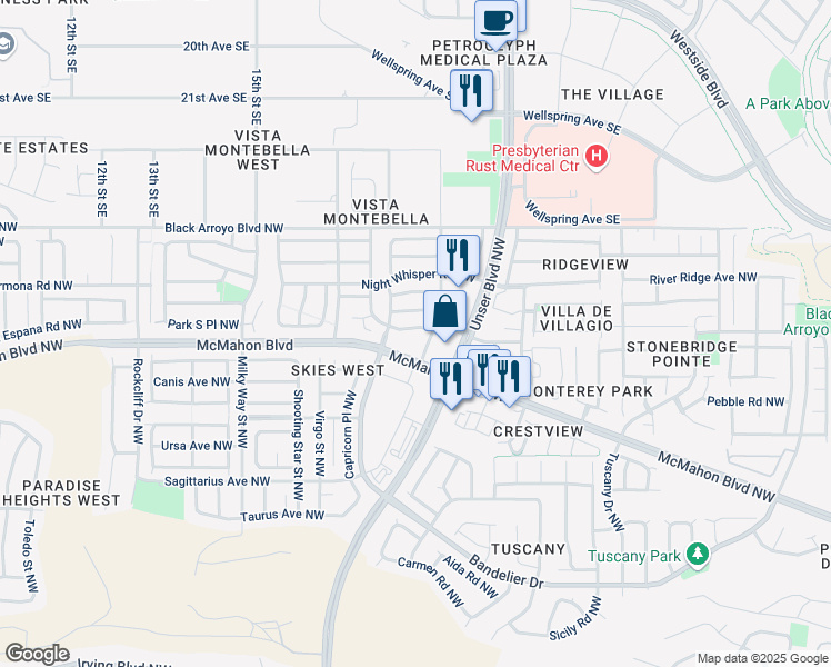 map of restaurants, bars, coffee shops, grocery stores, and more near 5751 McMahon Boulevard Northwest in Albuquerque