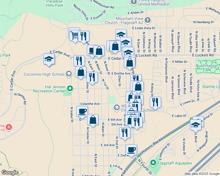 map of restaurants, bars, coffee shops, grocery stores, and more near 2612 North 1st Street in Flagstaff