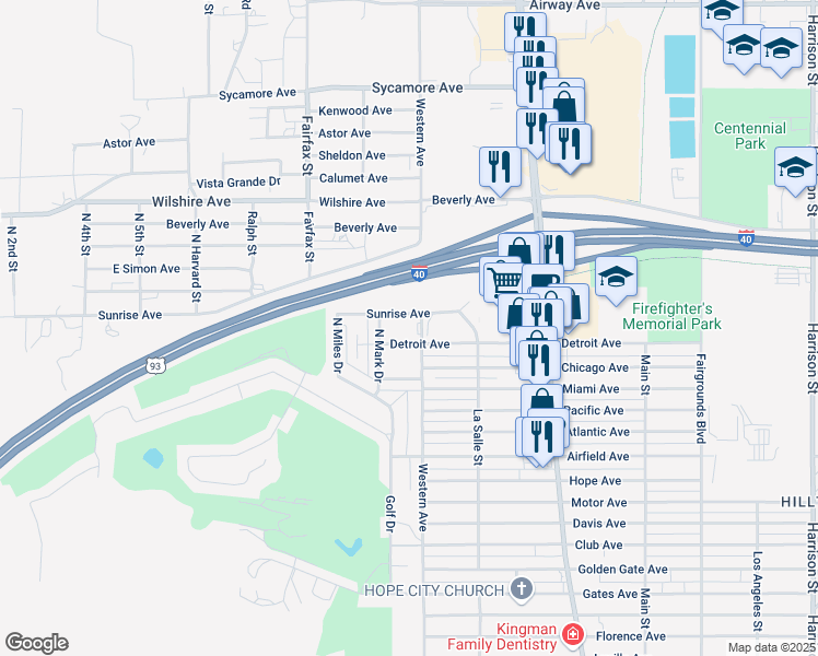 map of restaurants, bars, coffee shops, grocery stores, and more near 1033-1099 Detroit Avenue in Kingman