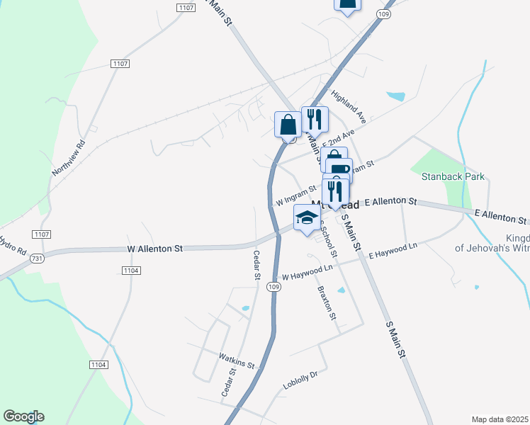 map of restaurants, bars, coffee shops, grocery stores, and more near 203 North Cedar Street in Mount Gilead