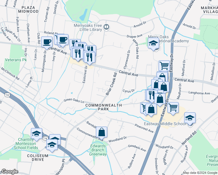 map of restaurants, bars, coffee shops, grocery stores, and more near 1445 Briar Creek Road in Charlotte