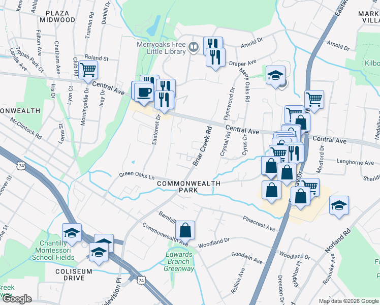 map of restaurants, bars, coffee shops, grocery stores, and more near 1445 Briar Creek Road in Charlotte