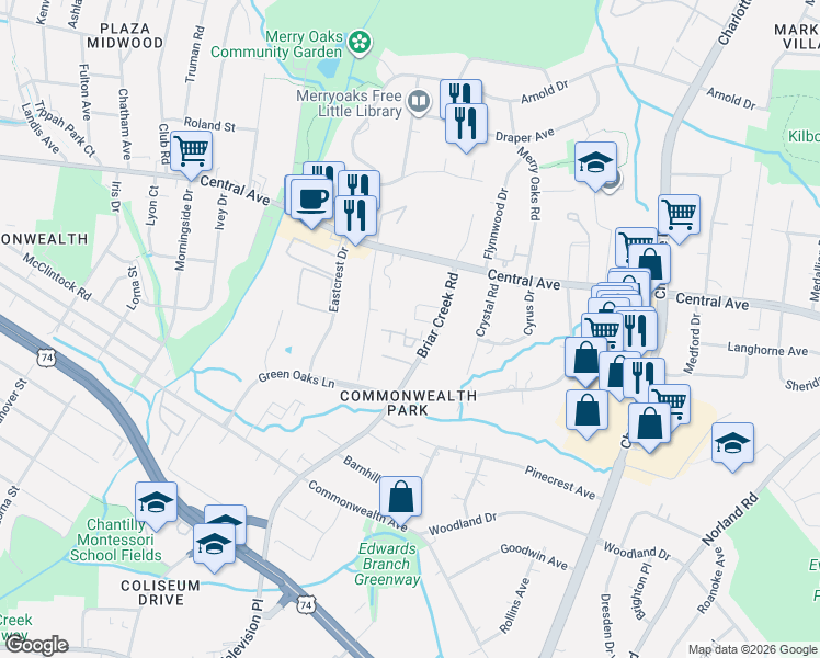 map of restaurants, bars, coffee shops, grocery stores, and more near 1445 Briar Creek Road in Charlotte