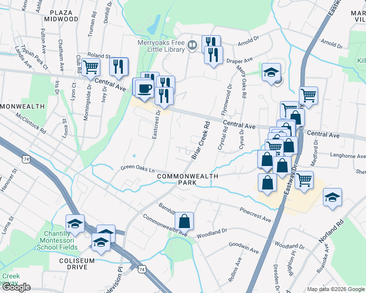 map of restaurants, bars, coffee shops, grocery stores, and more near in Charlotte