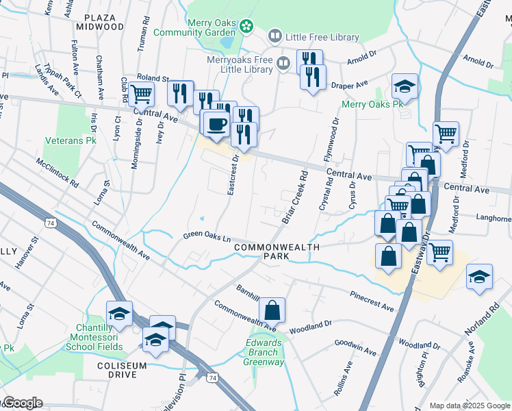 map of restaurants, bars, coffee shops, grocery stores, and more near 1427 Briar Creek Road in Charlotte