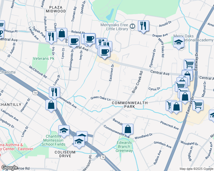 map of restaurants, bars, coffee shops, grocery stores, and more near 1415 Eastcrest Drive in Charlotte