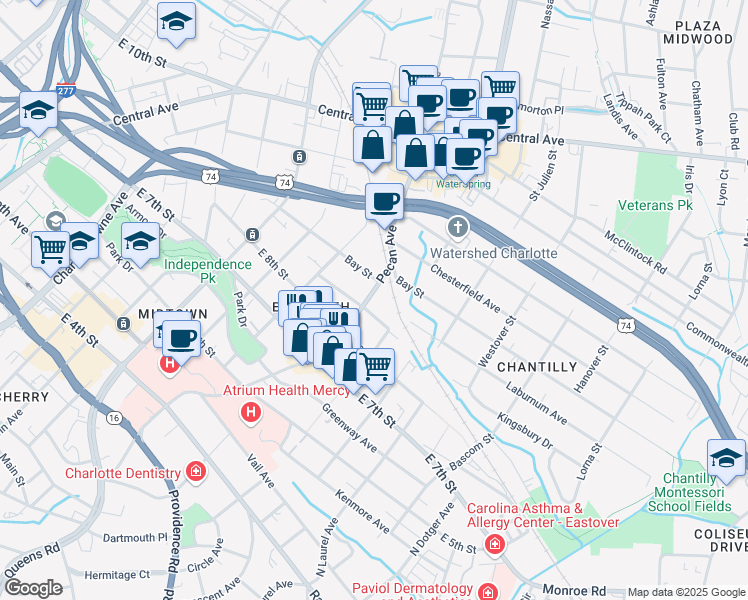 map of restaurants, bars, coffee shops, grocery stores, and more near 2017 East 9th Street in Charlotte