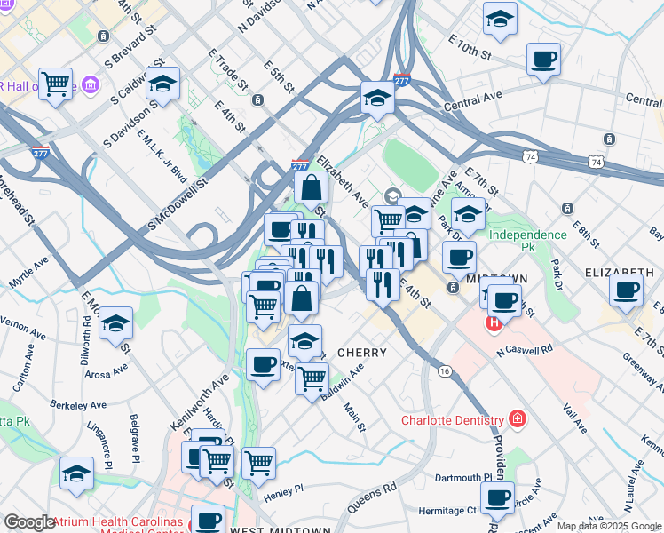 map of restaurants, bars, coffee shops, grocery stores, and more near 220 Charlottetowne Avenue in Charlotte