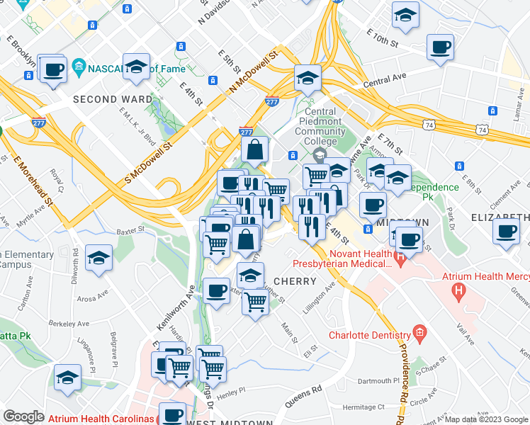 map of restaurants, bars, coffee shops, grocery stores, and more near 220 Charlottetowne Avenue in Charlotte