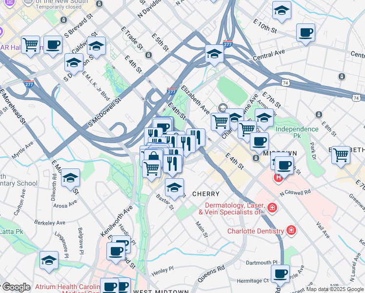 map of restaurants, bars, coffee shops, grocery stores, and more near in Charlotte