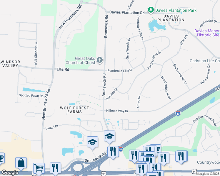 map of restaurants, bars, coffee shops, grocery stores, and more near 3225 Patches Drive in Memphis