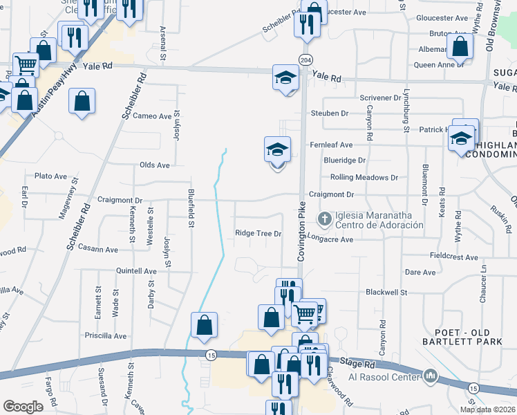 map of restaurants, bars, coffee shops, grocery stores, and more near 5005 Ridge Park Drive in Memphis