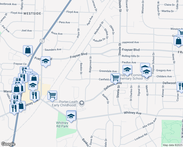 map of restaurants, bars, coffee shops, grocery stores, and more near 1336 Canfield Avenue in Memphis