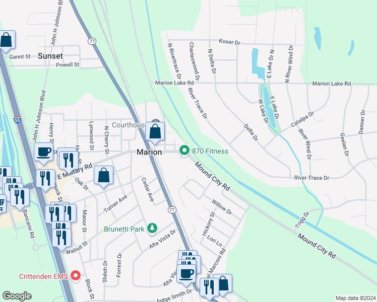 map of restaurants, bars, coffee shops, grocery stores, and more near 333 East Military Road in Marion
