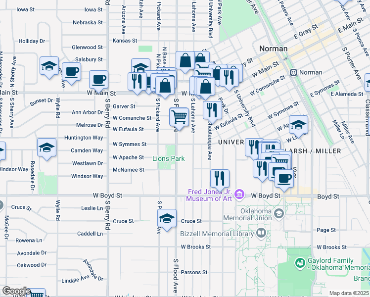 map of restaurants, bars, coffee shops, grocery stores, and more near 422 South Lahoma Avenue in Norman