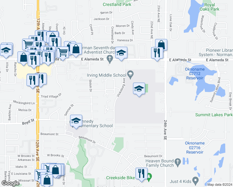 map of restaurants, bars, coffee shops, grocery stores, and more near 336 Chalmette Drive in Norman