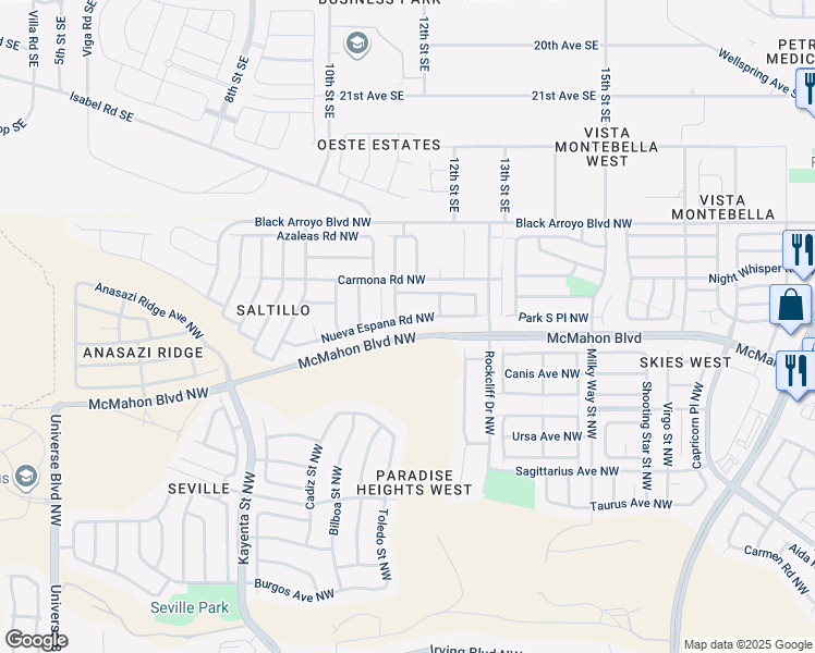 map of restaurants, bars, coffee shops, grocery stores, and more near 6238 Nueva Espana Road Northwest in Albuquerque