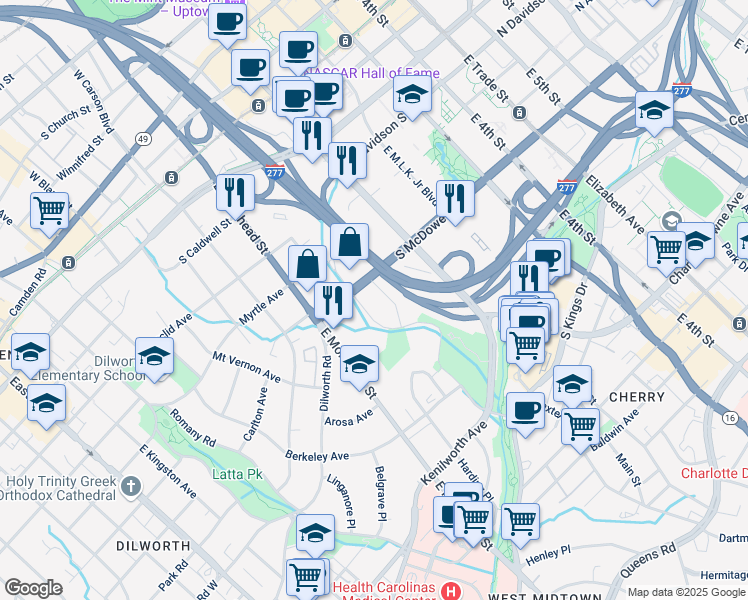 map of restaurants, bars, coffee shops, grocery stores, and more near 801 South McDowell Street in Charlotte