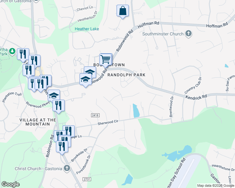 map of restaurants, bars, coffee shops, grocery stores, and more near 3619 Raven Hill Drive in Gastonia