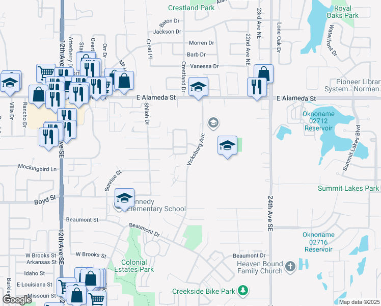 map of restaurants, bars, coffee shops, grocery stores, and more near 336 Chalmette Drive in Norman