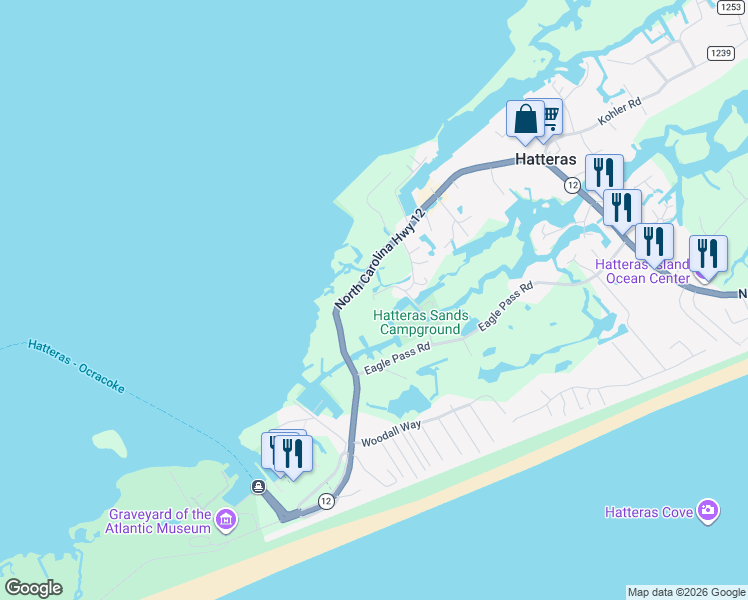 map of restaurants, bars, coffee shops, grocery stores, and more near 58254 Fulcher Lane in Hatteras