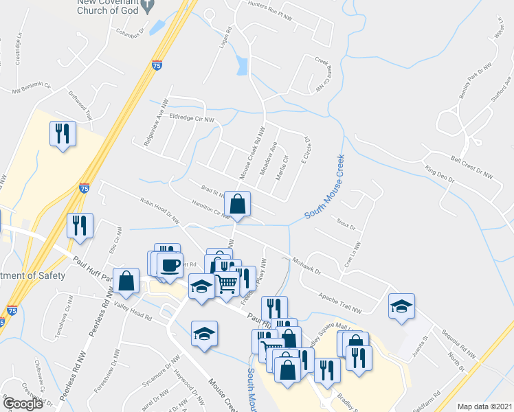 map of restaurants, bars, coffee shops, grocery stores, and more near Village Green Drive in Cleveland