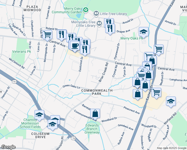 map of restaurants, bars, coffee shops, grocery stores, and more near 1427 Briar Creek Road in Charlotte