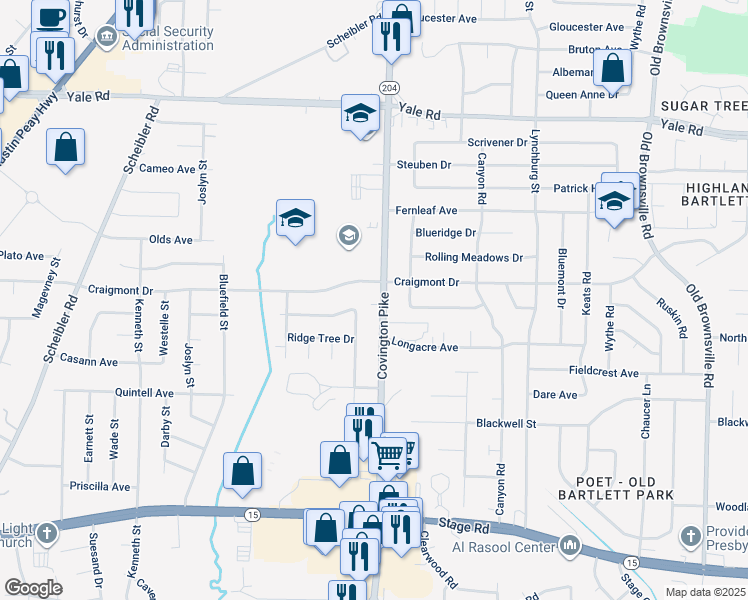 map of restaurants, bars, coffee shops, grocery stores, and more near 3255 Covington Pike in Memphis
