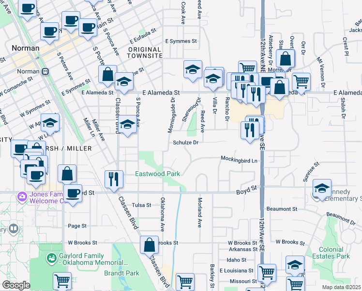 map of restaurants, bars, coffee shops, grocery stores, and more near 710 Long Circle in Norman