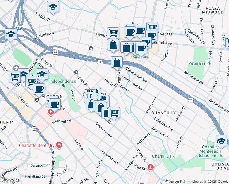map of restaurants, bars, coffee shops, grocery stores, and more near 612 Pecan Avenue in Charlotte