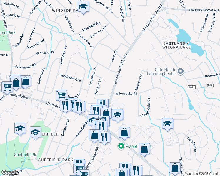 map of restaurants, bars, coffee shops, grocery stores, and more near 4025 North Sharon Amity Road in Charlotte