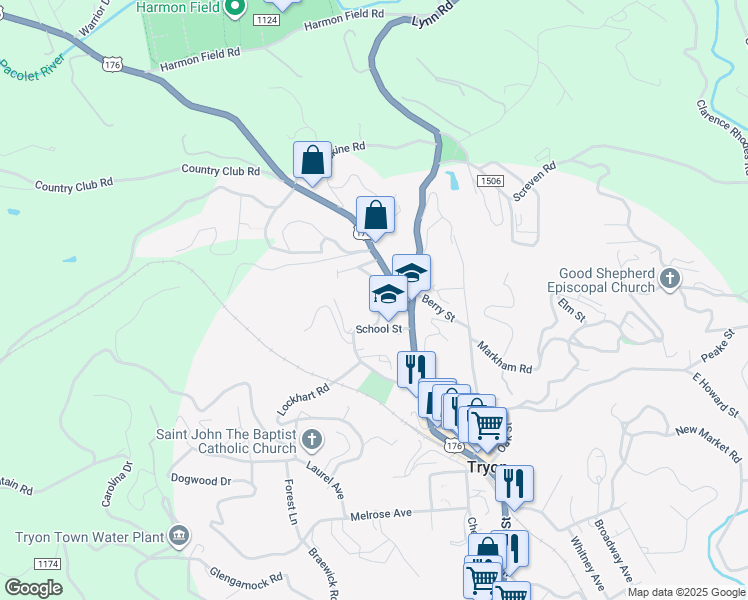 map of restaurants, bars, coffee shops, grocery stores, and more near 100 School Place in Tryon