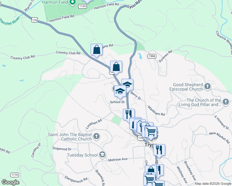 map of restaurants, bars, coffee shops, grocery stores, and more near 100 School Place in Tryon
