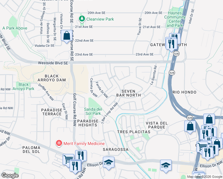 map of restaurants, bars, coffee shops, grocery stores, and more near 4305 BOTON De Oro Road Northwest in Albuquerque