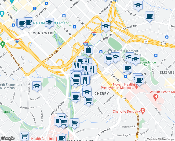 map of restaurants, bars, coffee shops, grocery stores, and more near 204 S Kings Dr in Charlotte