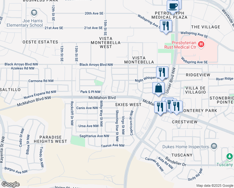 map of restaurants, bars, coffee shops, grocery stores, and more near 5928 Sleepy Nights Road Northwest in Albuquerque