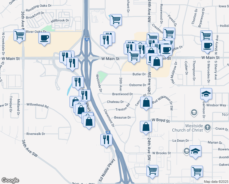 map of restaurants, bars, coffee shops, grocery stores, and more near 2650 Brentwood Drive in Norman