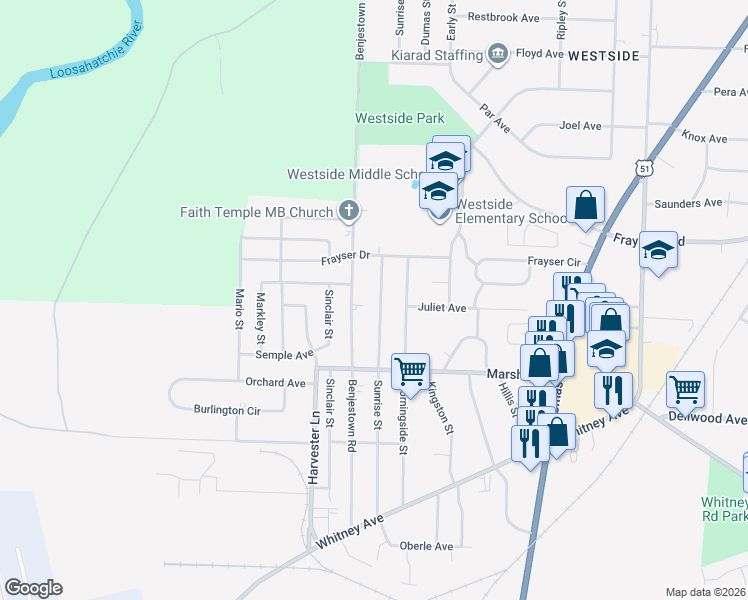 map of restaurants, bars, coffee shops, grocery stores, and more near 3240 Benjestown Road in Memphis
