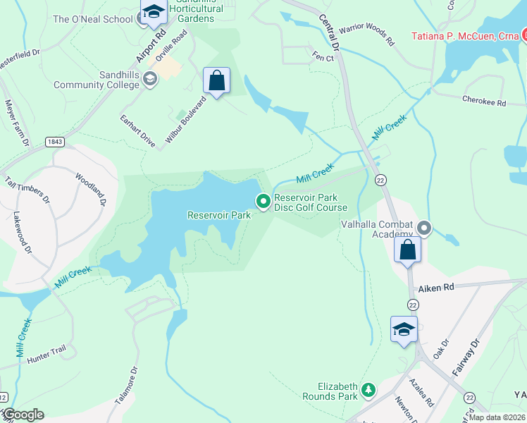 map of restaurants, bars, coffee shops, grocery stores, and more near 300 Southern Pines Reservoir Park Trail in Southern Pines